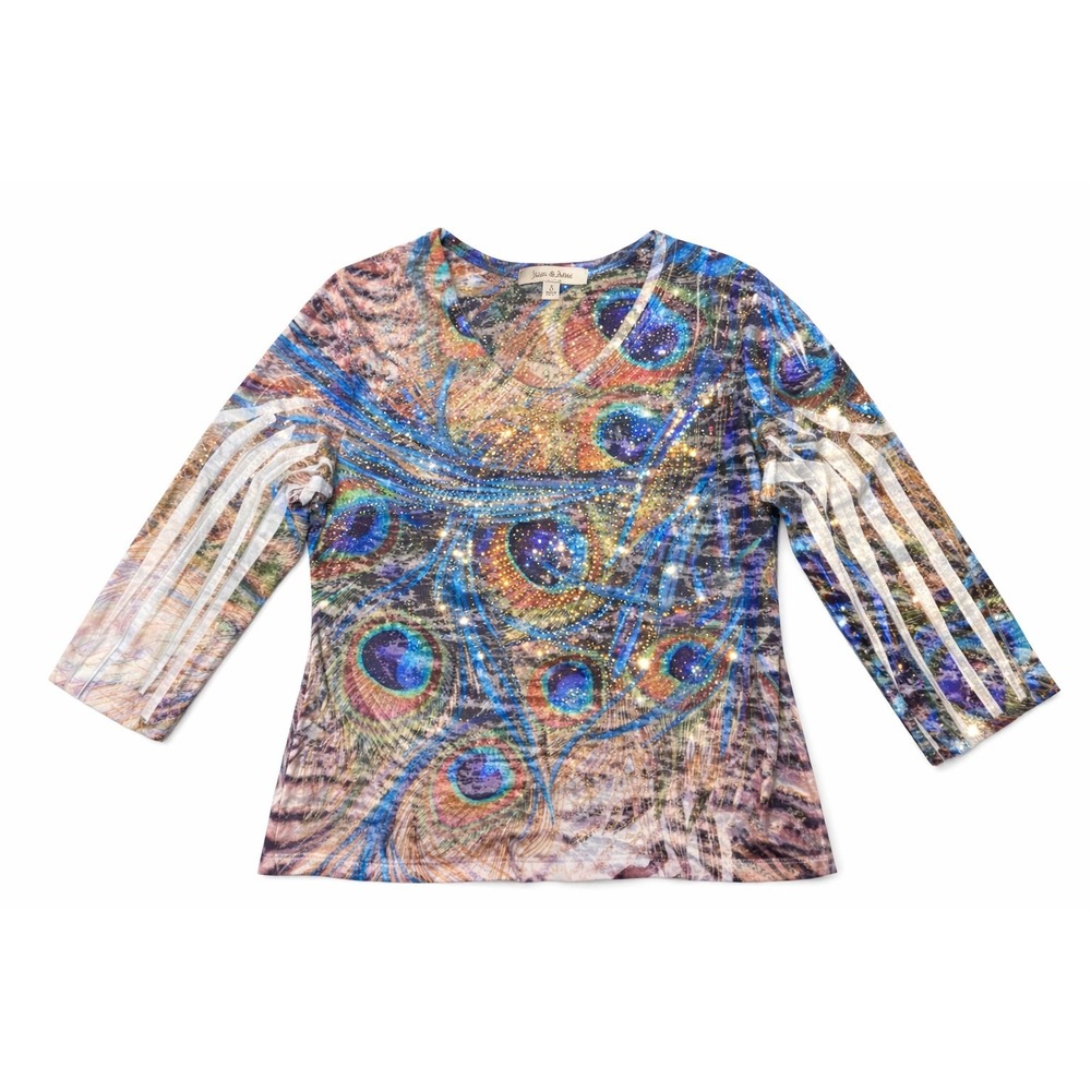 Jess & Jane Womens Top S Peacock Rhinestone Bling Sparkly Shirt Bird Feathers